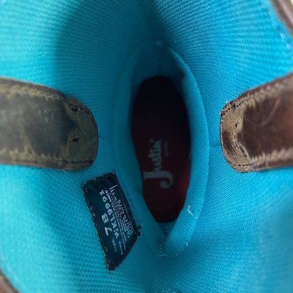 Justin Chocolate Chip Womens Leather Steel Toe Brown&Blue Cowgirl Boots Sz.6.5 B - Picture 13 of 14